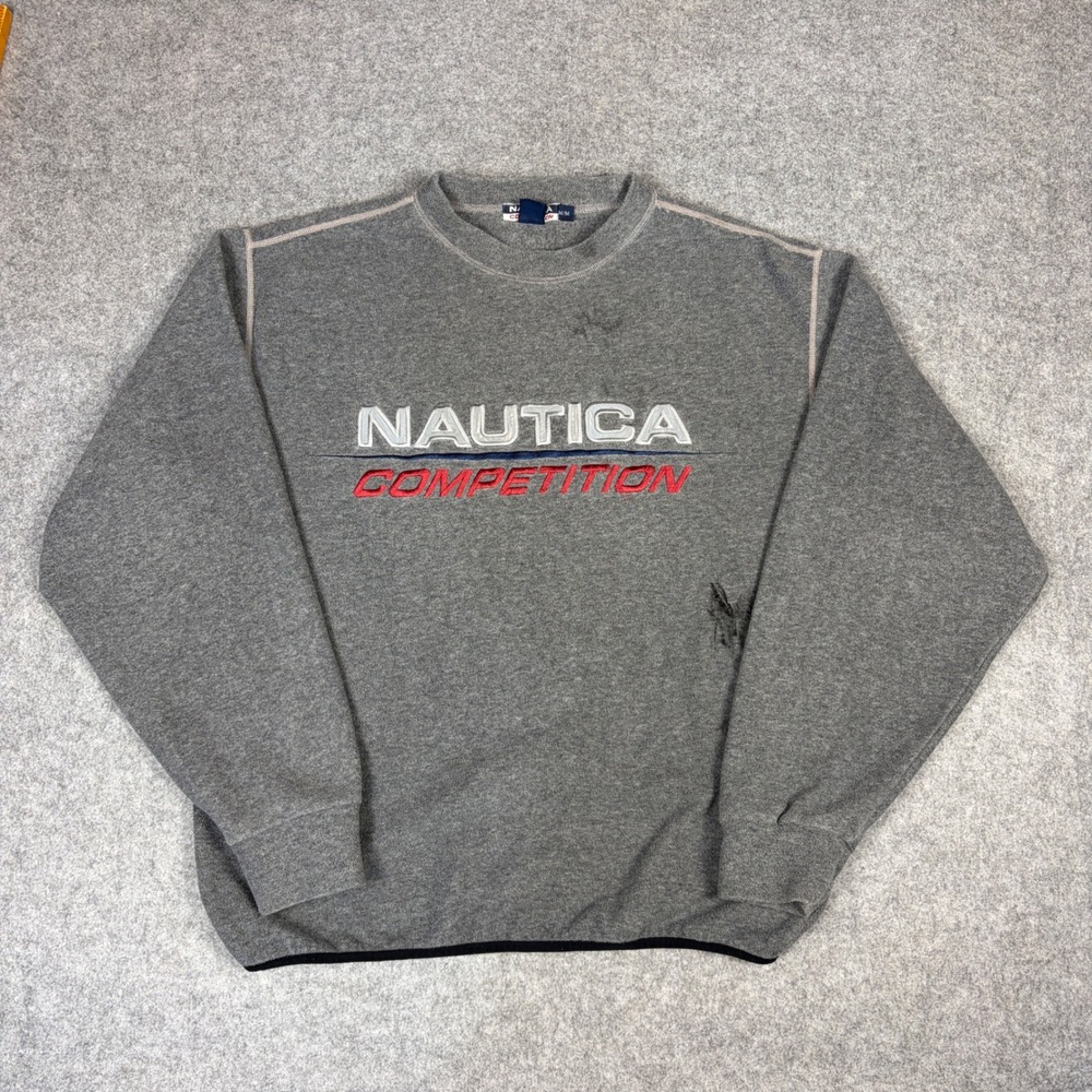 Vintage Nautica Competition Fleece Sweatshirt Grey Embroidered Logo Mens Medium